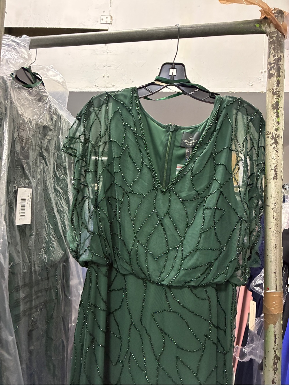 Adrianna Papell Dark Green Beaded Flutter Sleeve Gown NWT SZ 14 Formal MOB GALA - Picture 11 of 13